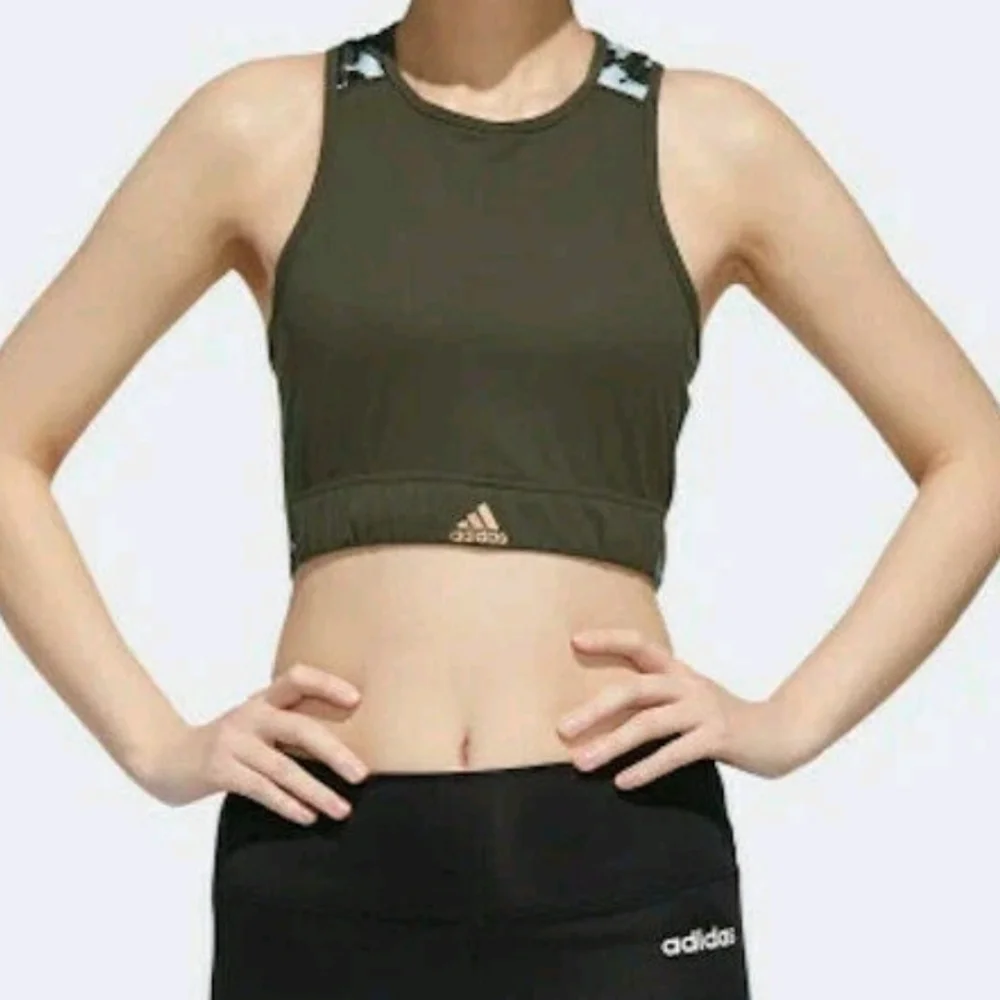 adidas Women x Zoe Saldana Olive Green Gold Metallic Sports Bra NEW‎